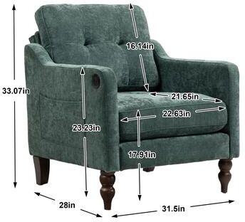 GREATPLANINC Chenille Accent Chair with USB Port, Ergonomic Upholstered Armchair, Lounge Reading Chair with Side Pocket & Wooden Legs