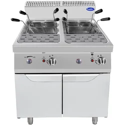 Nudelkocher 2 Becken 24+24 L, Körbe inkl., piezoelektrisch, Ein-/Ablasshahn, Maße LxBxH 80x70x108,5 cm, Modell AT7G8P-F