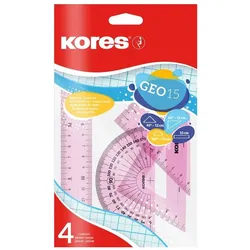 Kores, Lineal, Geometrie-Set GEO15, 4-teilig, farbig sortiert (15 cm, Kunststoff)