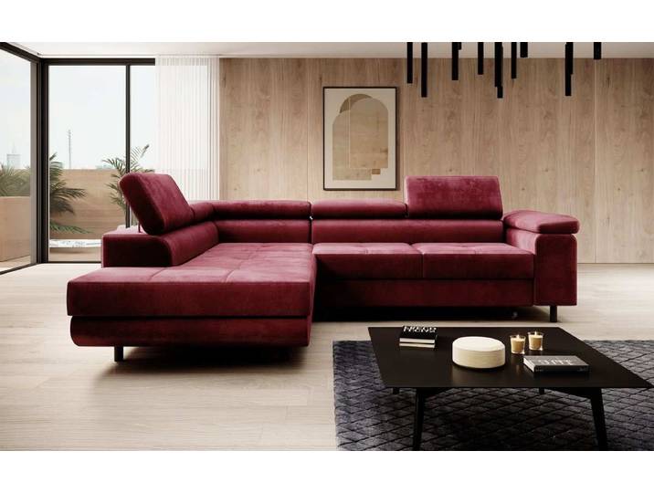 Designer Ecksofa Costa mit Schlaf- und Klappfunktion aus Samt - Bordeaux - Links - Luxusbetten24