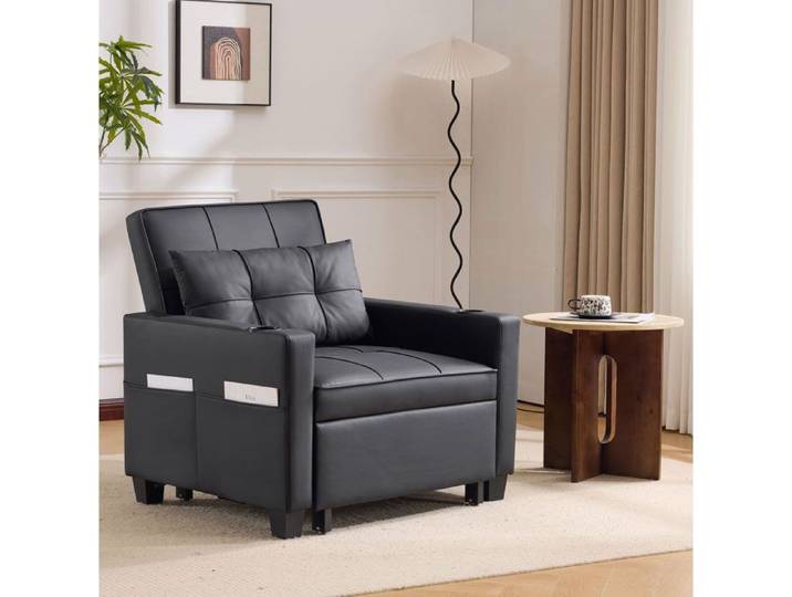 MEULVA Canapé-lit 3-en-1 1 place fauteuil convertible noir dossier inclinable porte-gobelets et port USB