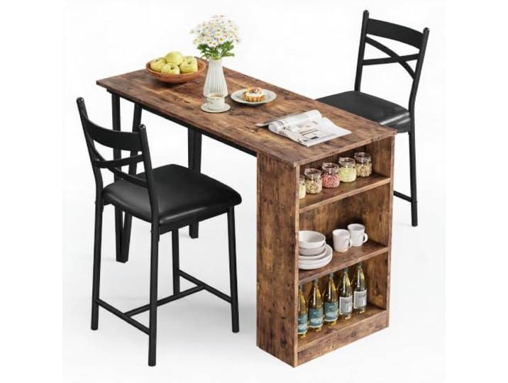 Virimolo Bartisch Set Mit 2 Barhockern Und Ablagen Tresentisch Braun Industrieller Hochtisch (120x50x91,5cm) mit gepolsterten Stühlen und seitlichen Ablagen, perfekt für kleine Essbereiche