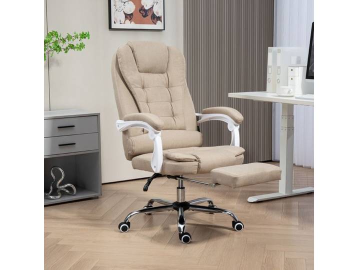 Fauteuil de bureau manager - AKOZON - 10403 - Repose-pied pliable - Revêtement lin beige - Dossier inclinable 135°
