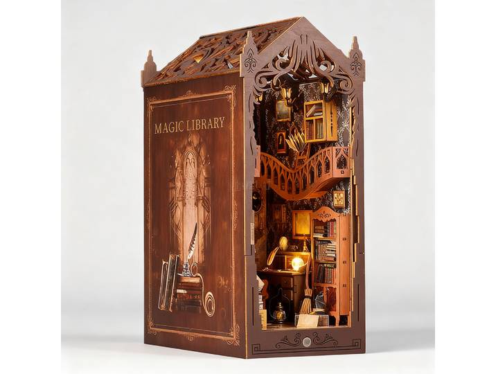 Kit de Modélisme Miniature 3D DIY Bibliothèque Magique Enchantée avec Lumière LED – Jouet de Décompression pour Adultes – Ensemble de Construction Salle d'Étude Fantastique