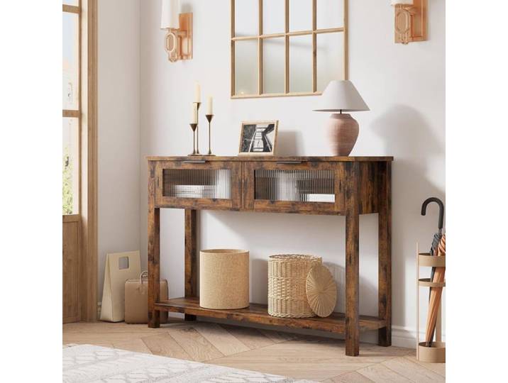 Console en Bois à Deux Niveaux avec Deux Tiroirs en Verre Et Espace De Rangement Brun Rustique