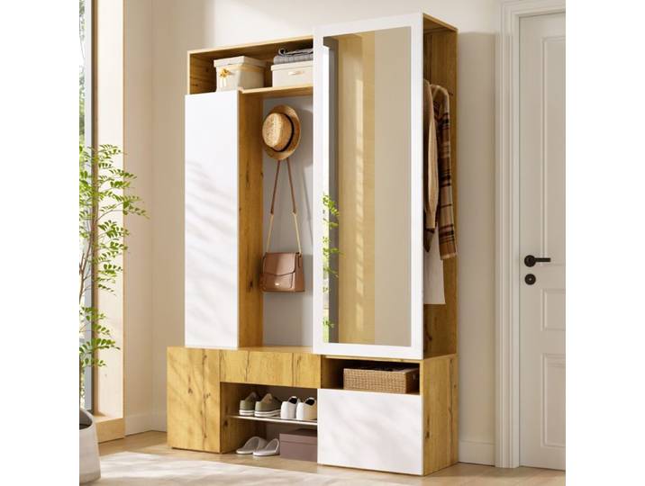 Meuble d'entrée - ZEVKOR - 127×35×180 5 cm - Miroir plein pied - Penderie avec tringle - Rangement chaussures