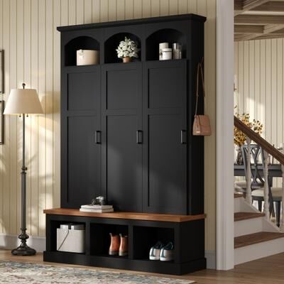 toswini Classic Arched Design Hall Tree with Hidden Storage and Walnut Bench