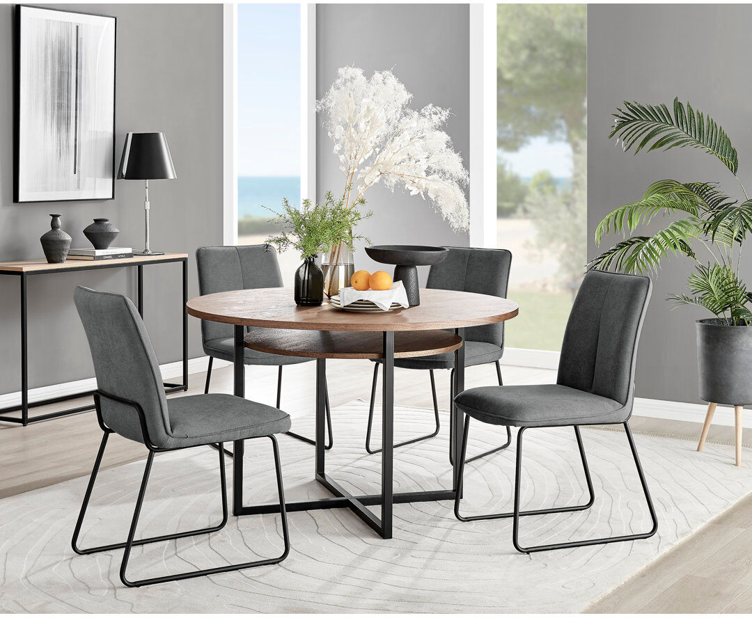 Canora Grey Round Concrete Effect & Black Legs Dining Table With Storage Shelf & 4 Luxury Velvet Dining Chairs Dark Grey 4