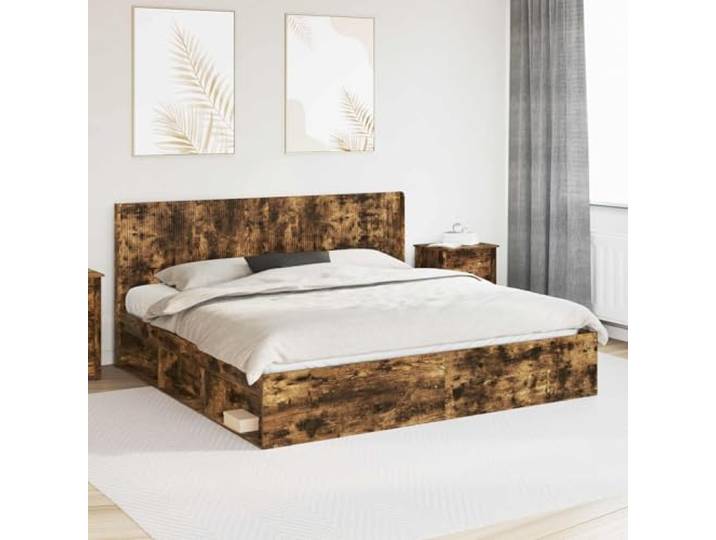 RJPLMFV Bettgestell mit Kopfteil, rauchige Eiche Holz aus Holz, integrierte Aufbewahrung, Lattenrost, ohne Lattenrost, pflegeleicht