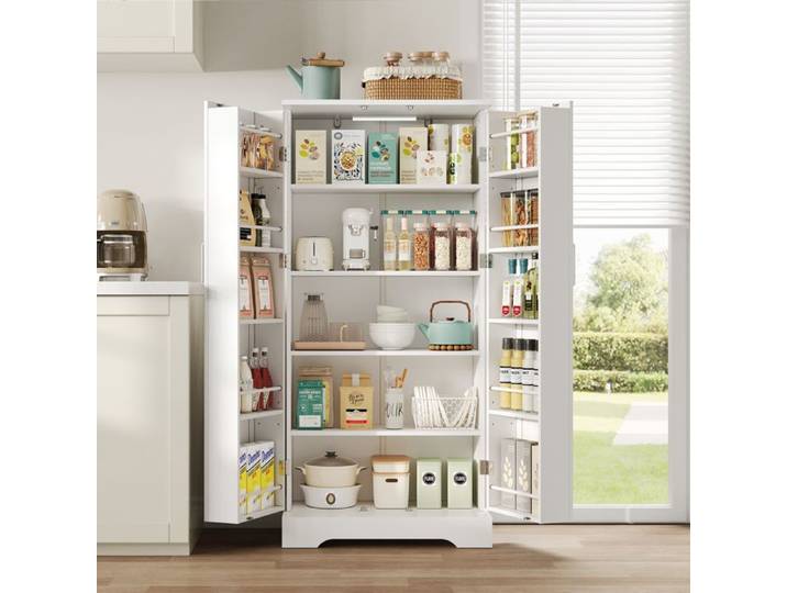 Buffet de cuisine - MODERNLUXE - 60x35x128 cm - Éclairage LED à capteur - 2 portes - 5 étagères réglables - Blanc