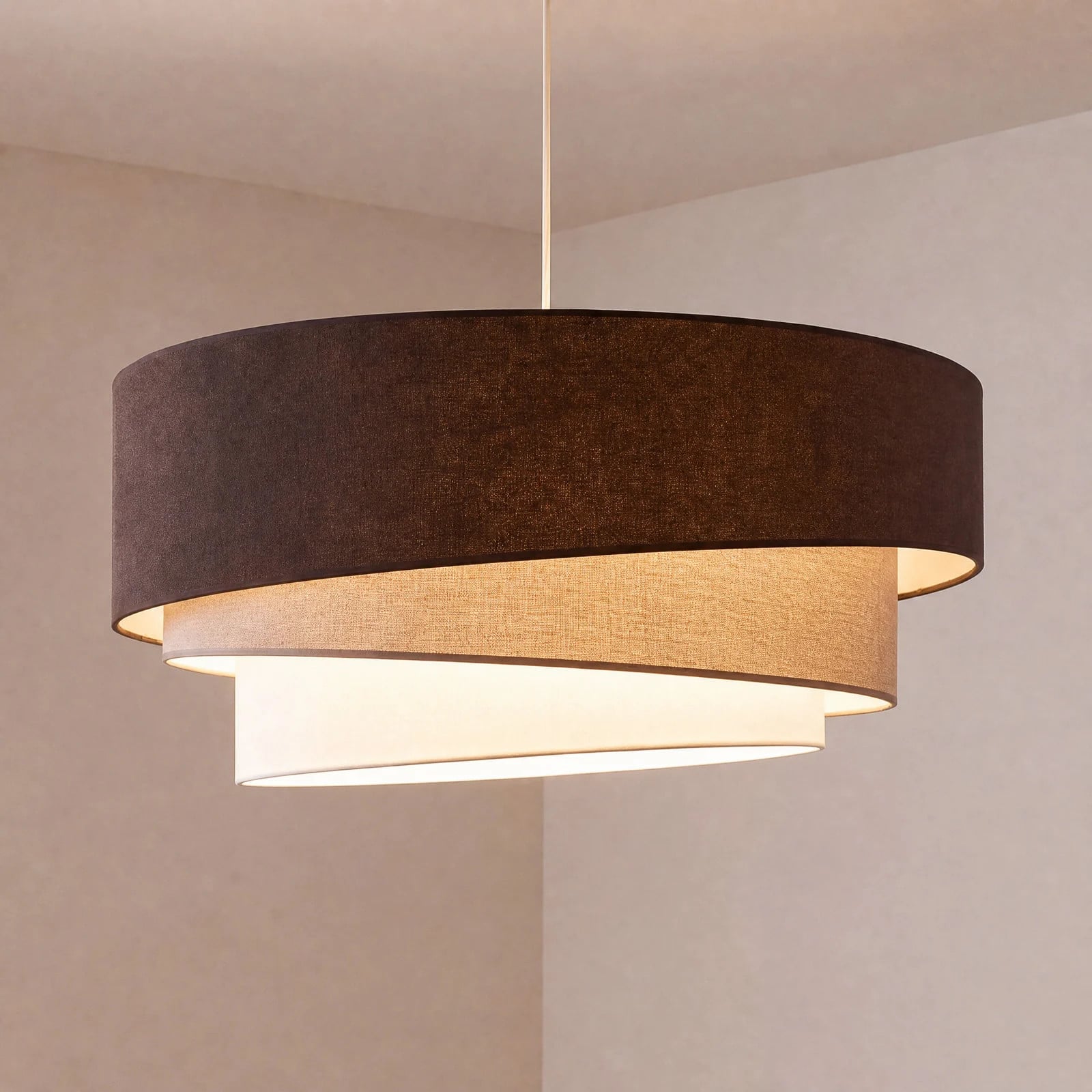 Duolla Trio hanglamp, bruin/beige, Ø 60 cm, textiel, E27