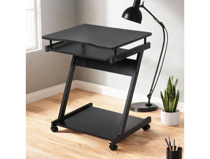 Bureau informatique roulant compact en panneaux de particules E1 plateau tablette clavier coulissante étagère noir
