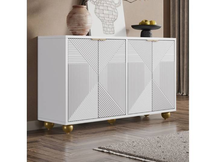 ROVRYN Buffet bas 4 portes 120 cm avec étagères réglables MDF blanc poignées dorées