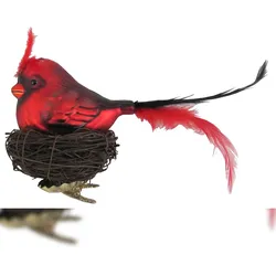 Krebs Glas Lauscha Vogel rot 20cm mit 7cm Federschwanz im Nest aus Zweigen Glasornament, mundgeblasen und handekoriert