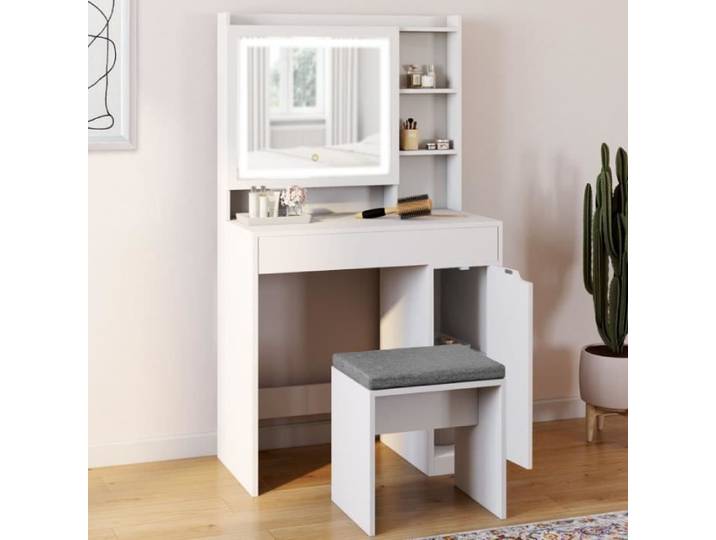 IDMARKET Coiffeuse ZELIA blanche miroir LED avec rangement 1 tiroir 1 caisson de rangement et tabouret rembourré