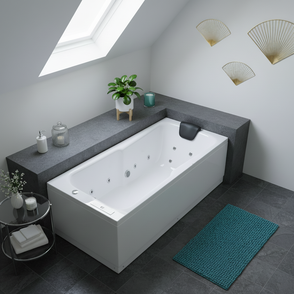 Indoor Whirlpool Badewanne 170x75 cm, 12 Massagedüsen LED, schmal, freistehend, 1 Person, für kleines Bad, Caribia RHODOS Premium, Made in Germany