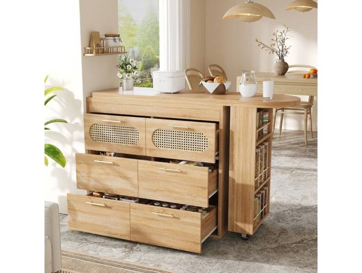 Bartisch Naturel 6 Schubladen PE Rattan Türen 360° drehbar Stehtisch Kippsicherung Metallgriffe viel Stauraum Wohnzimmer