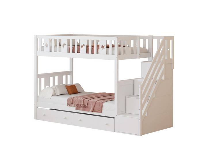 Modfu Etagenbett 90x200 cm Weiß aus Kiefernholz mit Stauraumleiter und 2 Schubladen, für Kinder, Holz, 90x200 cm, Babymöbel & Kindermöbel, Kinderzimmer & Jugendzimmer, Stockbetten