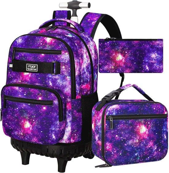 Rucksack mit Rollen für Mädchen - 3-teiliges Schulset mit Lunchtasche, wasserabweisend, lila Galaxie-Design
