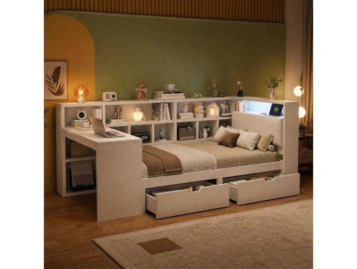 Lits d'angle 90x200 cm avec bureau intégré étagère à livres et LED blanc - Multifonctionnel pour studio