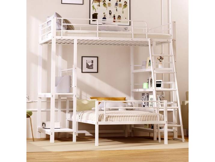 O.Ye Lit Superposé 90x200 cm avec Plusieurs Compartiments de Rangement Lit Simple avec Cadre en MéTal Lit Mezzanine avec éChelle