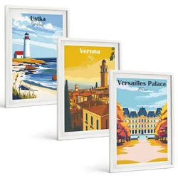 BILDER SET 3er Set - 40x60 cm Weißer Rahmen - Ansichten von Orten am Meer und von Städten