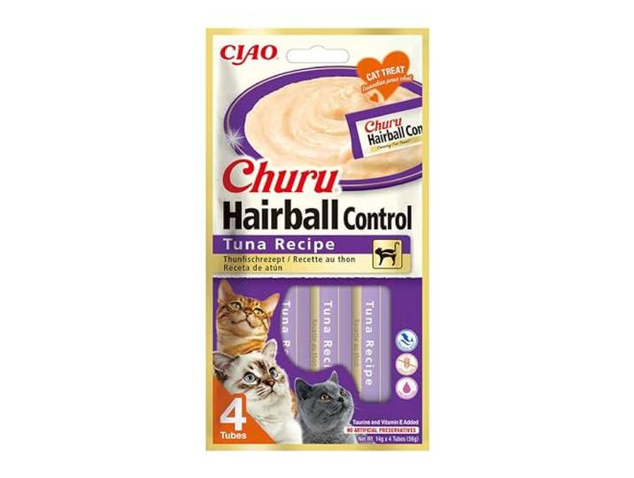 INABA Churu Hairball Control - Kattensnacks ter voorkoming van haarballen, bevordert een gezonde spijsvertering, tonijn (4x14g)