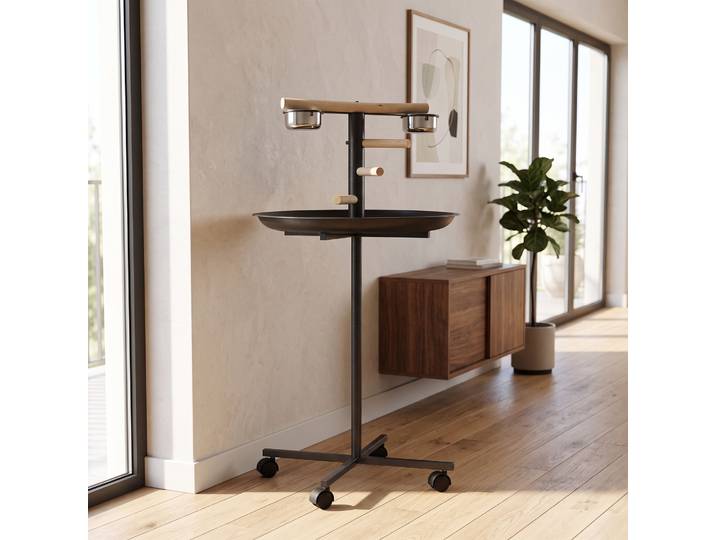 PawHut Perchoir Perroquet sur Pied Ø60cm 2 Mangeoires Acier