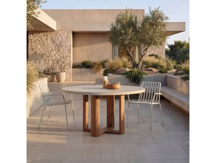 Gartentische rund aus massivem Akazienholz und cremefarbenem Zement 4/6 Pers. - Beige - Cement
