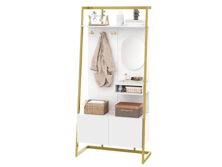 Flieks Garderobe Kompakt Spiegel Schuhbank Metallhaken, Weiß, 78x180.5x38.5 cm, Garderobe, Garderoben-Sets & Garderoben-Serien, Garderoben-Sets
