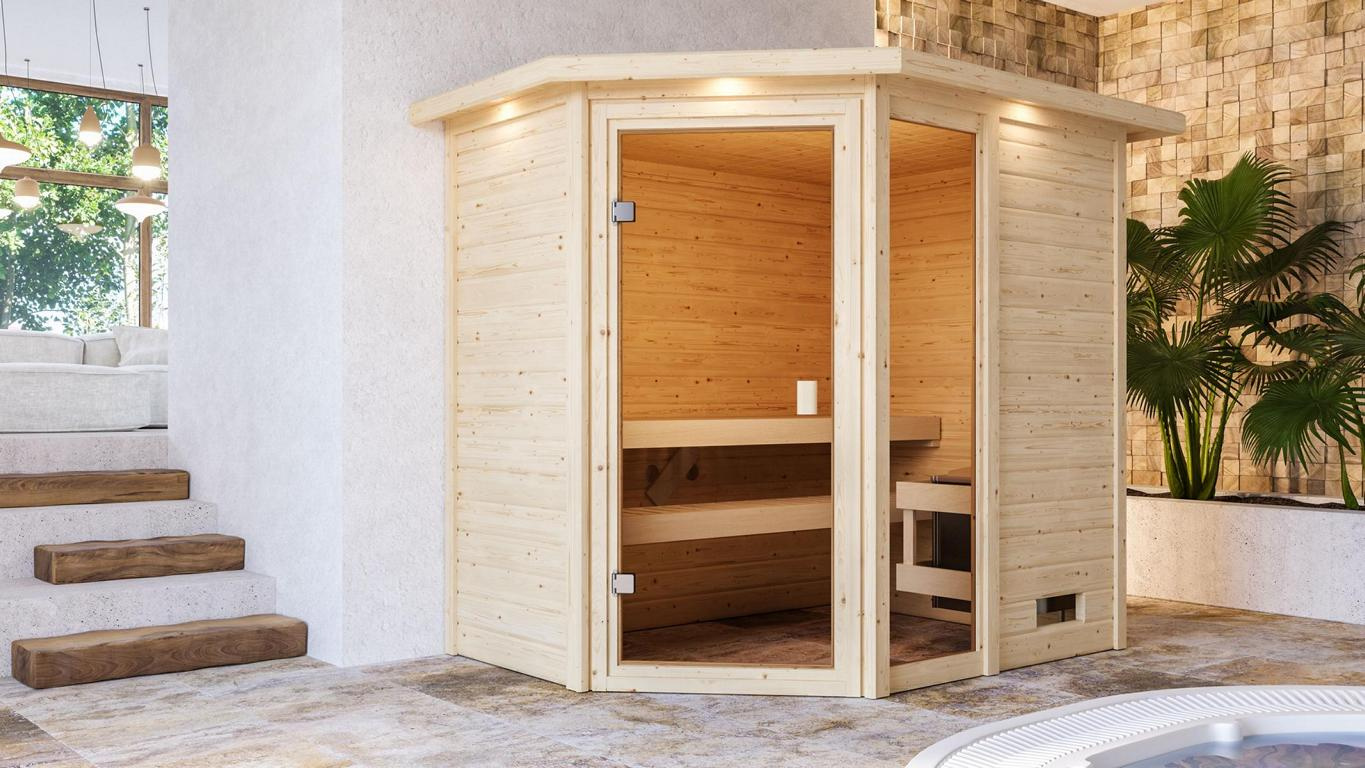 KARIBUHOLZT Sauna Jada Eck, o. Zub. m.Dachkranz 16880358