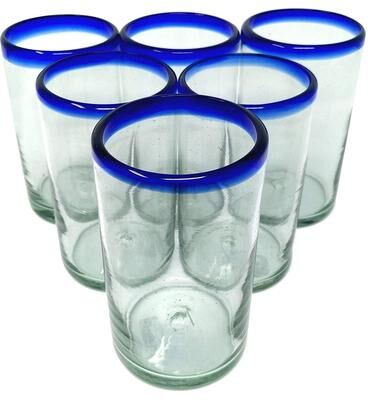 Dos Sueños Hand Blown Mexican Drinking Glasses - Set of 6 Glasses with Cobalt Blue Rims (14 oz each)