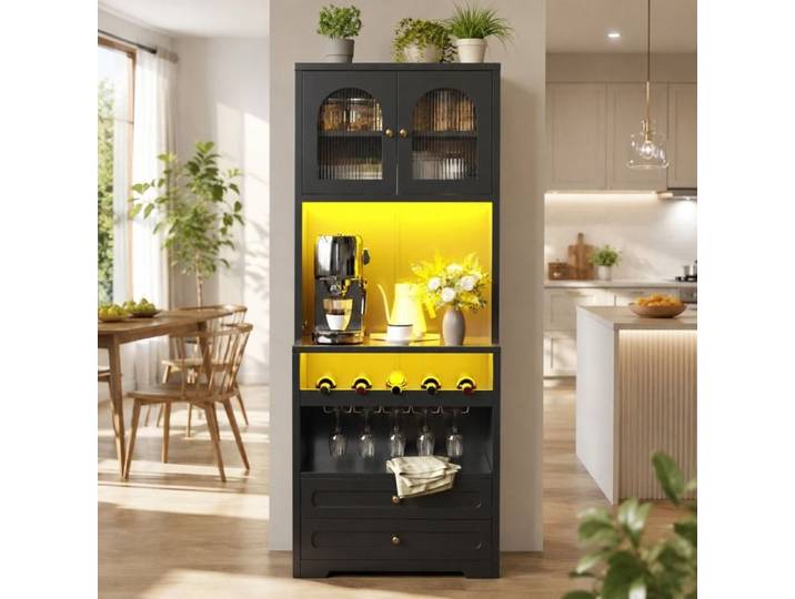 PENQUR Vitrine haute noire 70 x 40 x 180 cm 2 portes vitrées LED pilotable par application