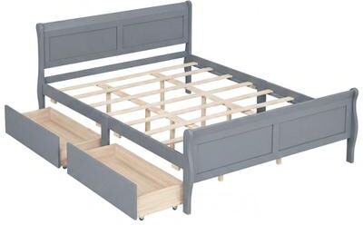 Costway Queen Size Bed Frame with 2 Storage Drawers and Footboard-Gray