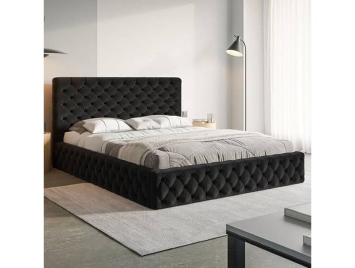 MOTIVENA Dalia Chesterfield Bett 200x200 Schwarz Samt, mit Stauraum, mit Kopfteil, mit Lattenrost, ohne Füße, ohne Matratze, Chesterfield Polsterbett 200x200 mit Bettkasten Schwarz