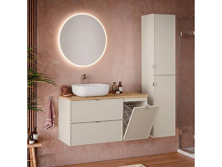 Ensemble meuble simple vasque 120cm panier à linge et colonne Alba Cachemire