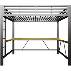OKWISH Hochbett Metall/MDF Schwarz 160x200 cm mit Schreibtisch, LED-Beleuchtung und USB-Ladestation