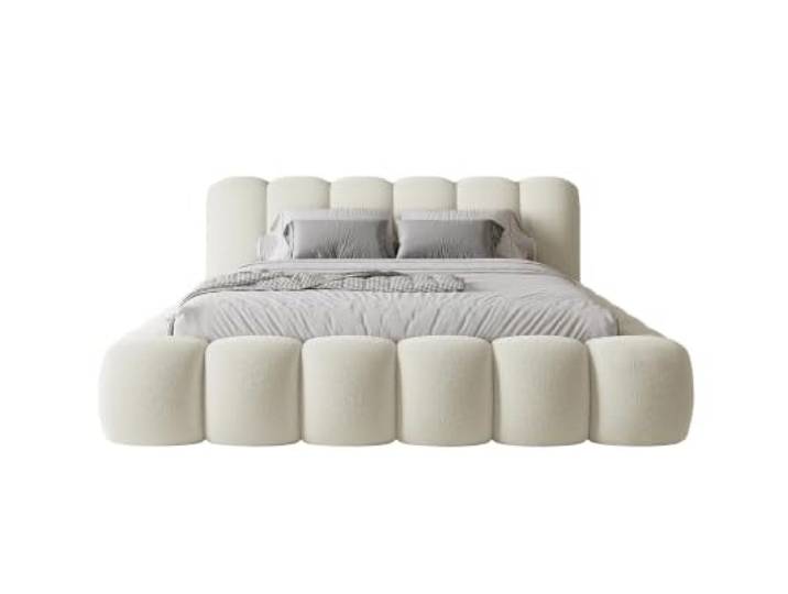 Chilly. Möbel Design Bett Stone - Polsterbett mit Bettkasten, Lattenrost und Kopfteil - 180x200 cm - Holzrahmen - Bouclé Beige