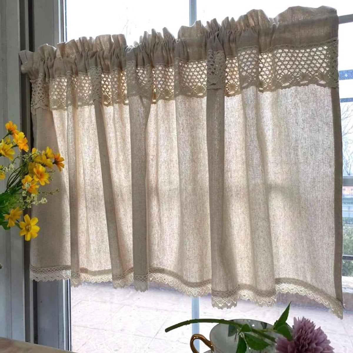 Beige Kort Gordijn Valgordijn Volant voor Keuken Decoratie - Katoen Linnen Mix - Breedte: 140 cm, Hoogte: 90 cm