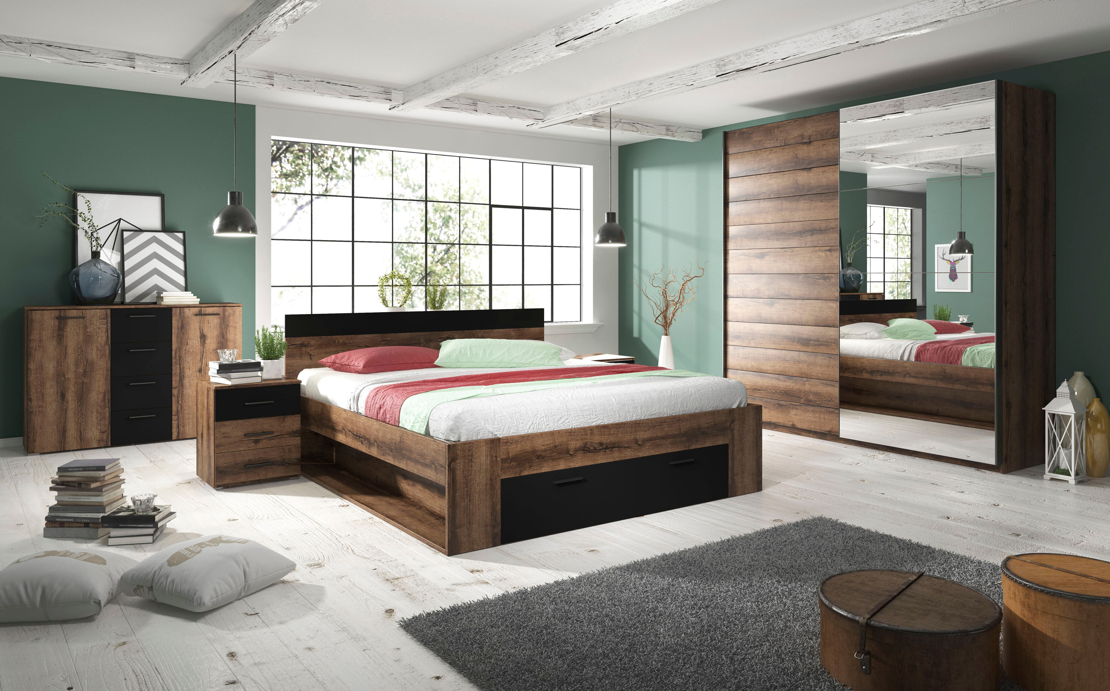 Stauraumbett HOME AFFAIRE "Beta, Breite 160 oder 180cm, moderne Bettanlage mit 2 Fächer", braun (monastery eiche, monastery eiche, schwarz, monastery eiche), B:166cm L:205cm, Betten, Stauraumbett, Bettgestell in zwei Grössen inklusive Bettschublade monast