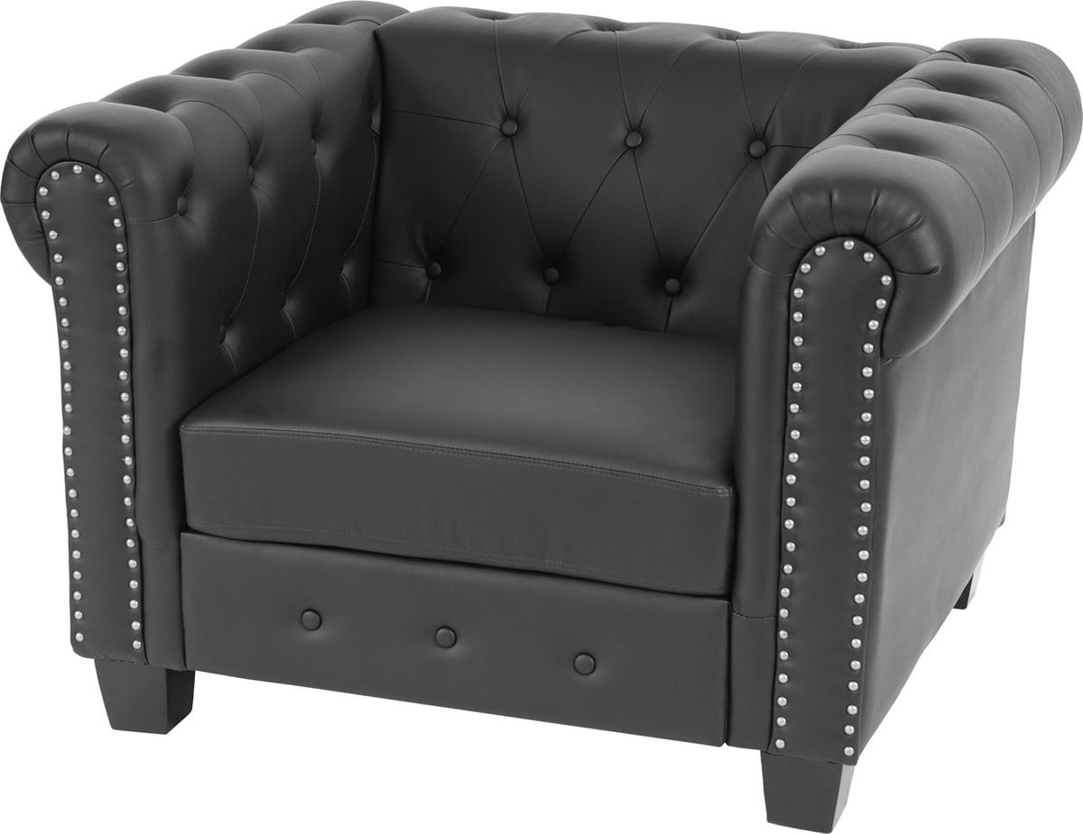 MCW Chesterfield luxe fauteuil ligstoel in zwart kunstleer met vierkante voet