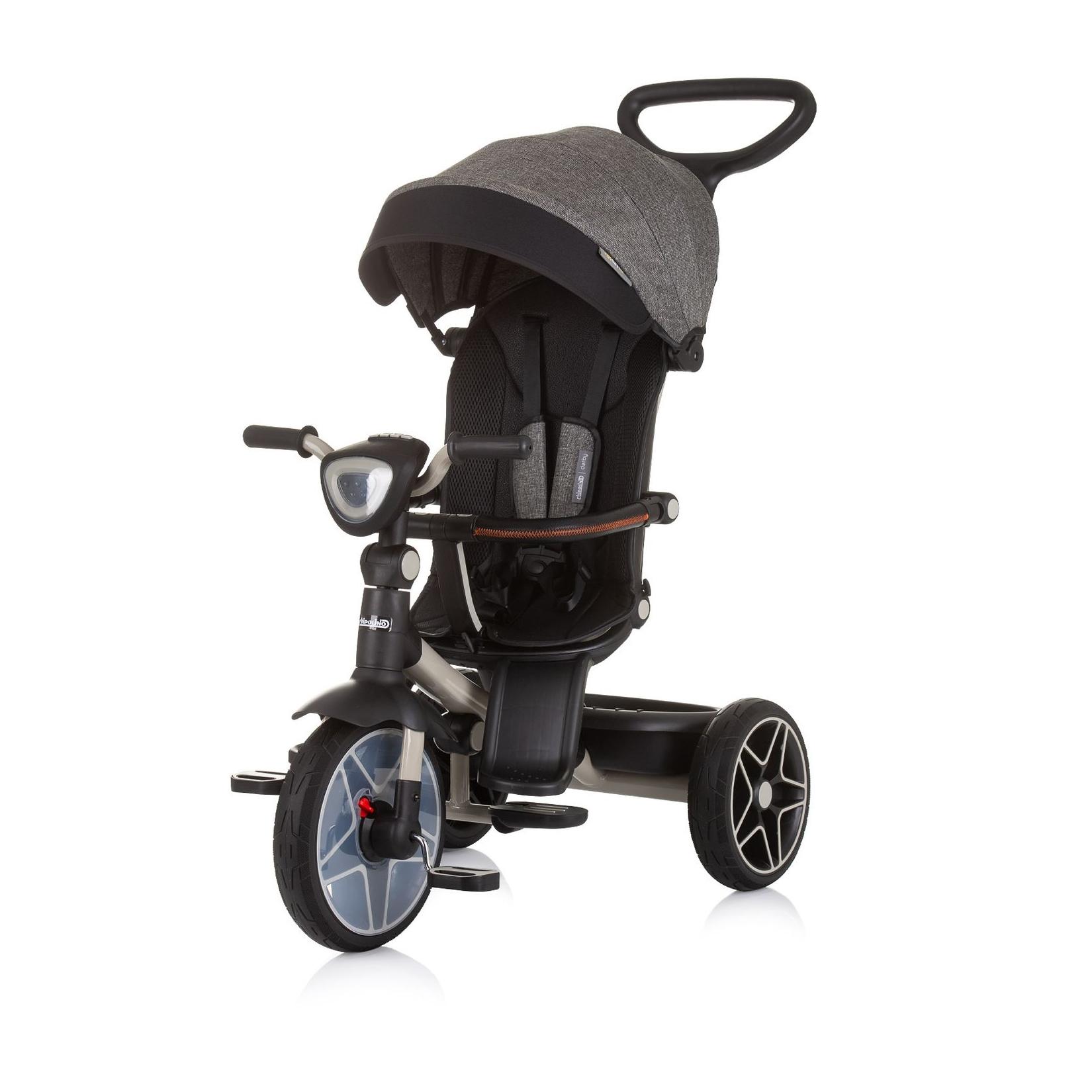 Chipolino Dreirad, Tricycle Derby 2 in 1 Musik, Licht, Korb, Schiebegriff, Gurt grau