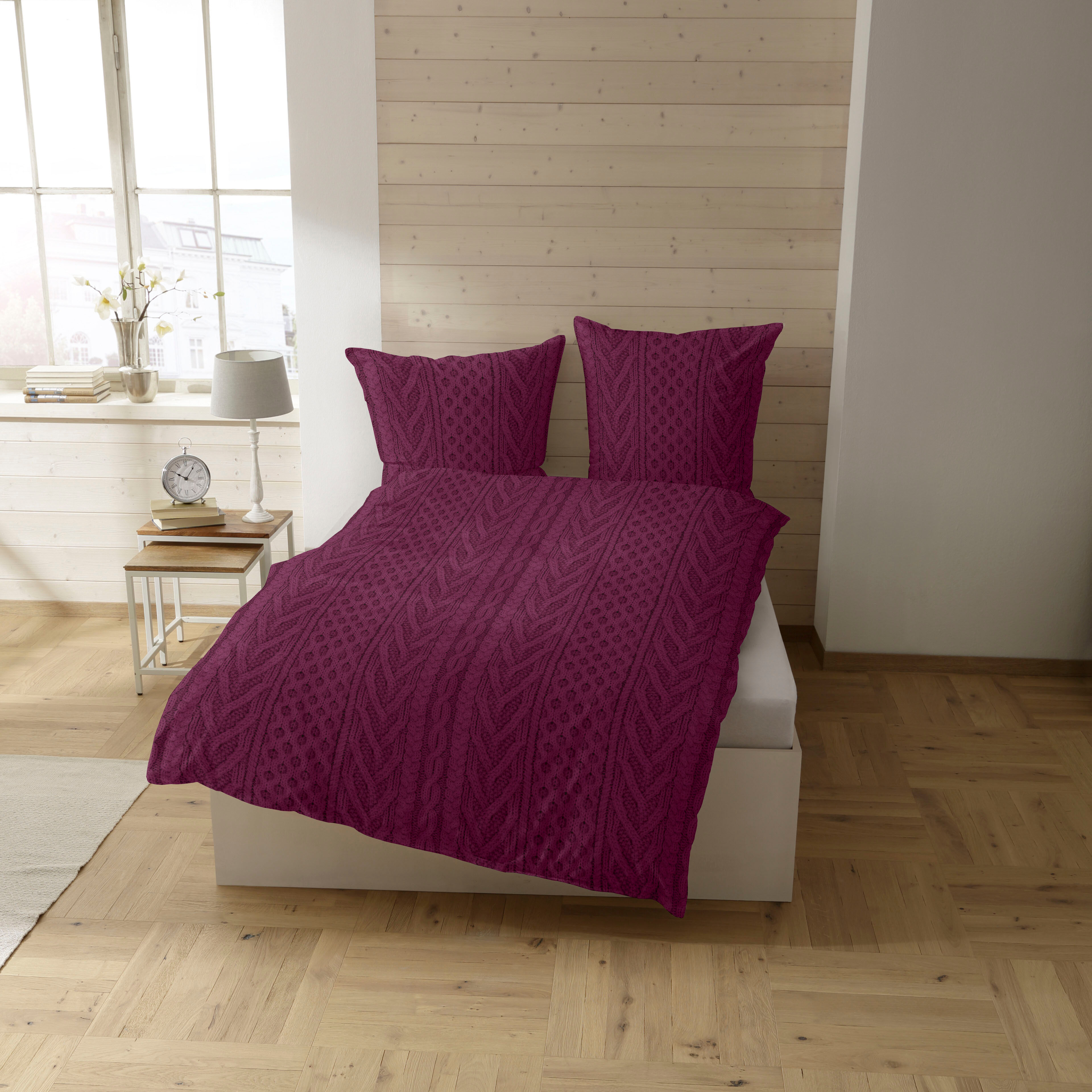 Bettwäsche CASATEX "Eger", lila (beere), B/L: 155cm x 220cm, 1 Stk., 1 Stk., Biber, B/L: 80cm x 80cm, 2 Stk., Biber, Obermaterial: 100% Baumwolle, Bettwäsche, Bettwäsche, kuschelig und flauschig, optisch wie ein grob gestrickter Pullover beere B/L: 155cm 