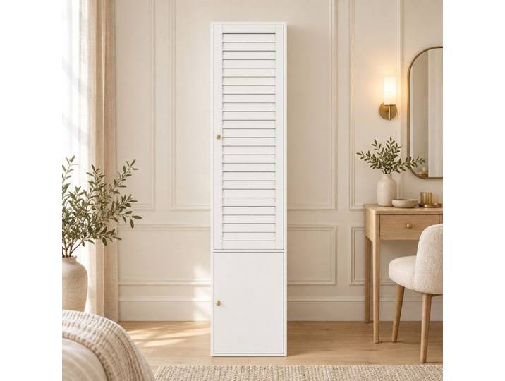 Armoire haute Armoire Chambre Étroite 1 portes à persiennes 45 x 50 x 200 cm avec 3compartiments 1 tringles coloris blanc