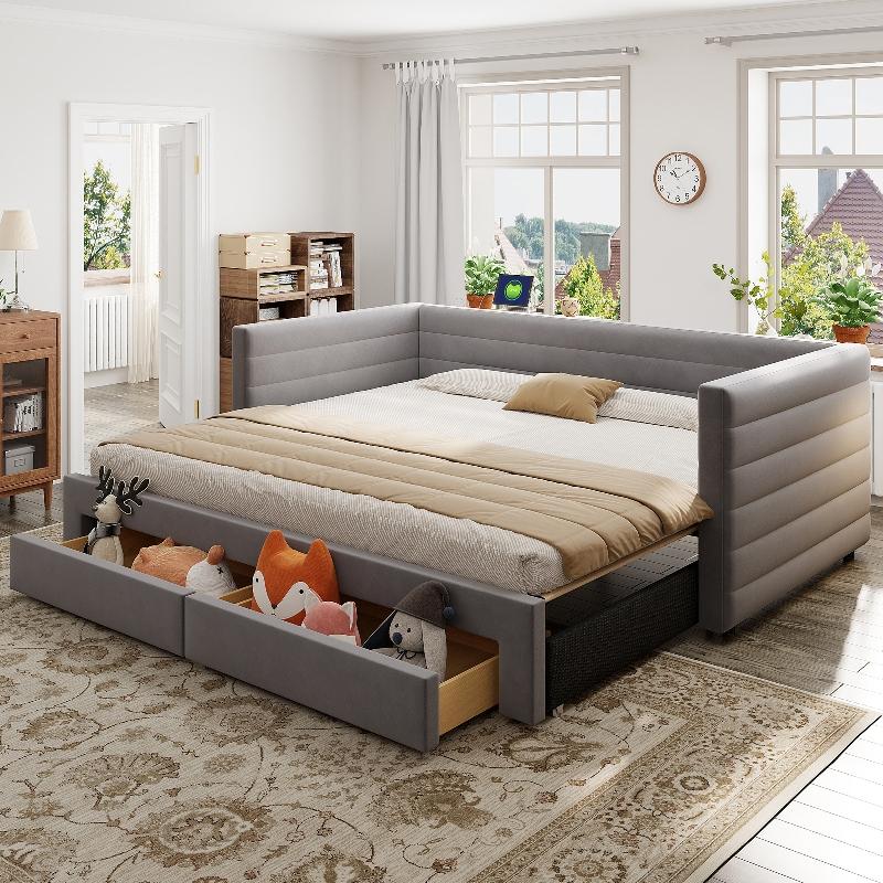 Polsterbett 90x190cm als ausziehbares Schlafsofa, 3 in 1 Bett mit Lattenrost und 2 Schubladen, umbaubar zum 180x190cm Doppelbett