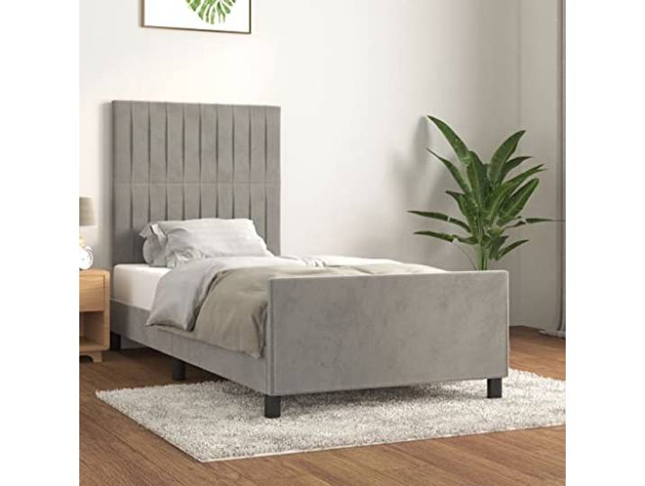 Samt Bettgestell mit verstellbarem Kopfteil Schlafzimmer 90x190 cm Grau Bettgestell ohne Matratze Hellgrau 90x190 cm Samt mit verstellbarem Kopfteil stabil Holz Lattenrost, Luxus Bettrahmen für