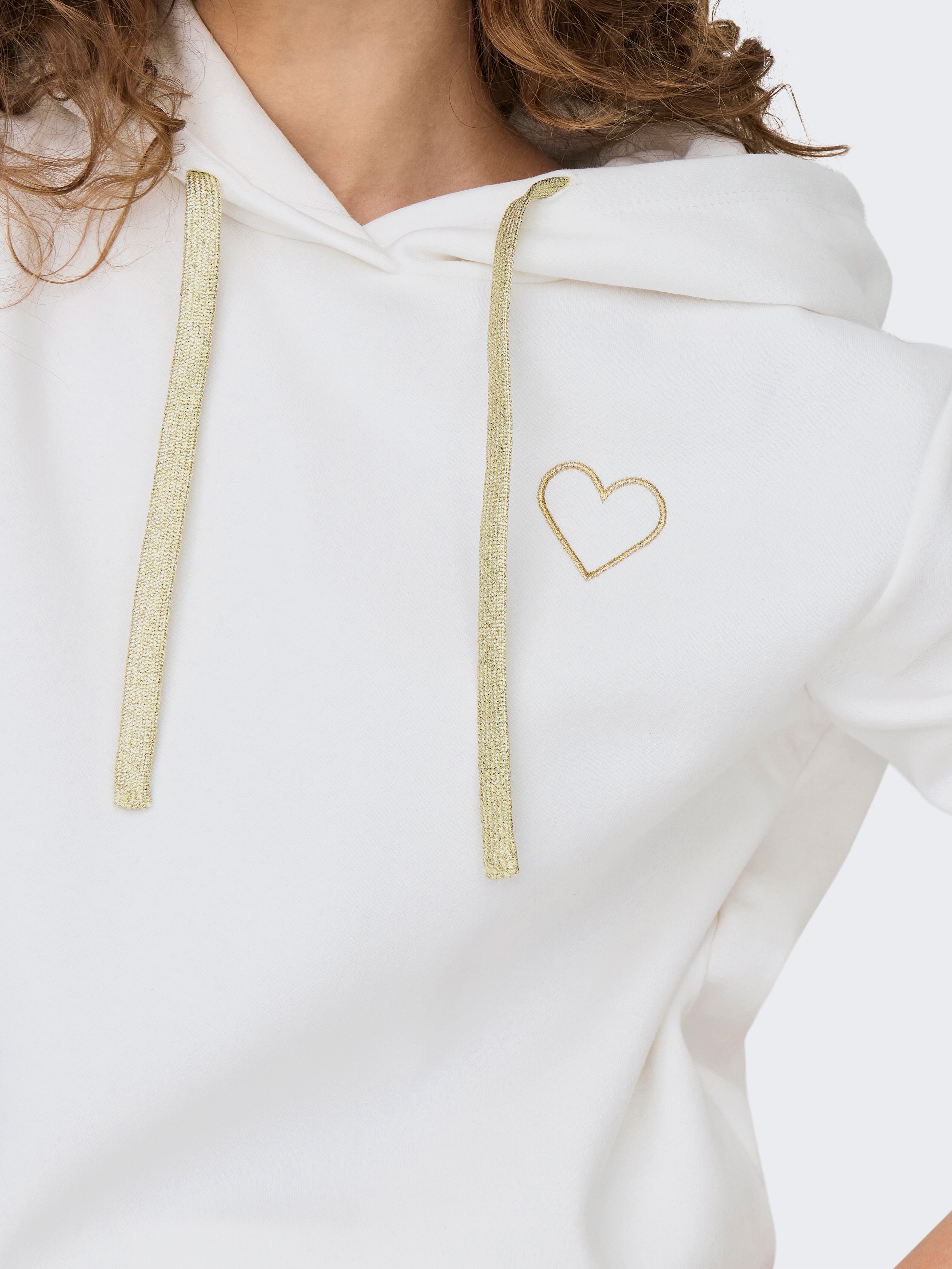 Kapuzensweatshirt ONLY "ONLNOLI L/S HEART HOOD SWT NOOS", Damen, Gr. XL, weiß (cloud dancer detail:gold strings, heart emb), Sweatware, Obermaterial: 60% Baumwolle, 40% Polyester, unifarben, regular fit normal, Rundhals, Rippbündchen, Sweatshirts Kapuzens