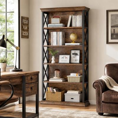 ROSE "71"" Tall Bookshelf, 6-Tier Industrial Bookcase with Metal Frame, Narrow Book Shelf with X-Side Design"