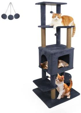 Costway 64 Inch Tall Cat Tree with 2 Large Condos and Jute Scratching Posts for Indoor Adult Cats-Dark Grey