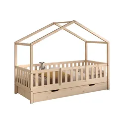 HAUSBETT Kapua 90x200 Bettschublade Rausfallschutz Kiefer massiv natur